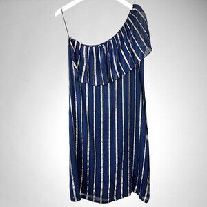 A.P.C. X Vanessa Seward Navy Metallic Lamé Chain Off-Shoulder Dress